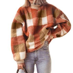 Storets Plaid Sherpa Fleece Mock Neck Sweater